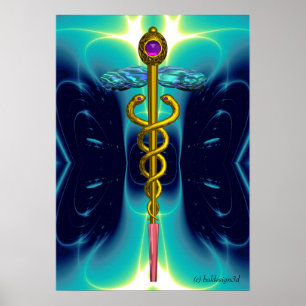 Póster Símbolo Médico CADUCEU de Ouro Ondas Azuis Teal Aq