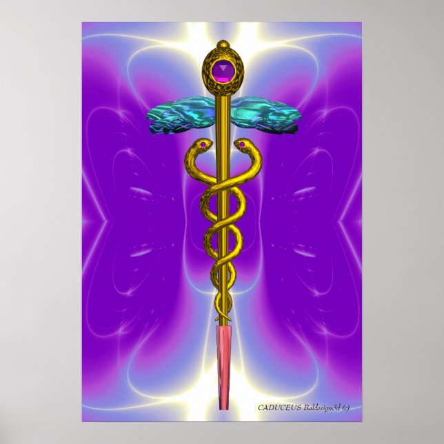 Póster Símbolo Médico CADUCEU Dourado Roxo Ultra Violeta (Frente)