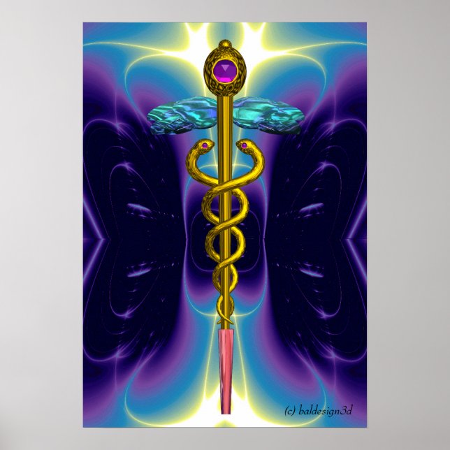 Póster Símbolo médico CADUCEUS Dourado Ondas Azuis Puras (Frente)