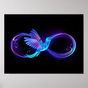 Poster Símbolo Neon Infinity com Hummingbird brilhante