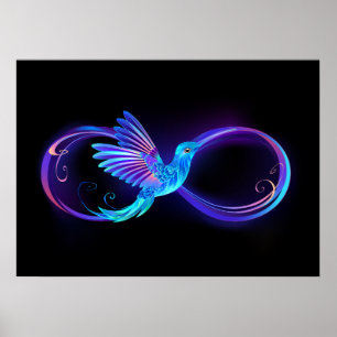 Poster Símbolo Neon Infinity com Hummingbird brilhante