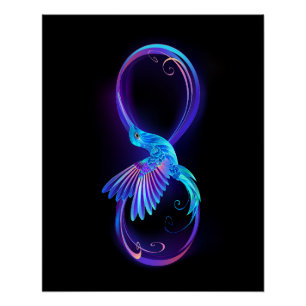 Póster Símbolo Neon Infinity com Hummingbird brilhante