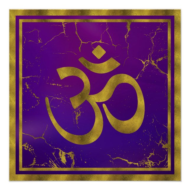 Póster Símbolo OM Dourado - Aum, Omkara em Roxo/Indigo (Frente)