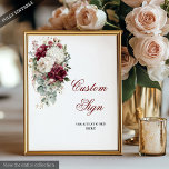 Poster Símbolo Personalizado de Casamento Branco Glam Boh<br><div class="desc">✅ Para procurar itens correspondentes 208W em minhas coleções ✅ Bem-vindos aos seus convidados com estilo e elegância usando este símbolo personalizado de casamento boho, com rosas de cor d'água embebidas e rosas brancas acentuadas com folhas de ouro envolventes. Projetado em uma rica paleta de burgundy, marsala, marrom, vermelho profundo,...</div>