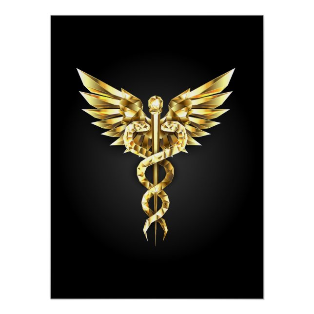 Póster Símbolo Poligonal Dourado Caduceus (Frente)