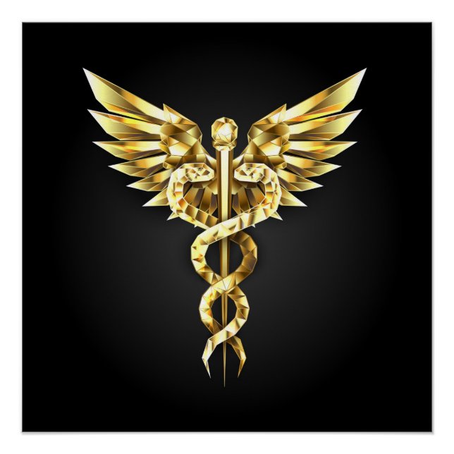 Póster Símbolo Poligonal Dourado Caduceus (Frente)