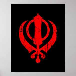 Póster Símbolo Red Sikh Khanda crachado em preto