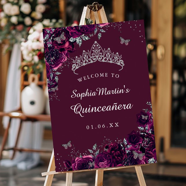 Poster Símbolo Silver Burgundy Rosa Quinceanera (Criador carregado)