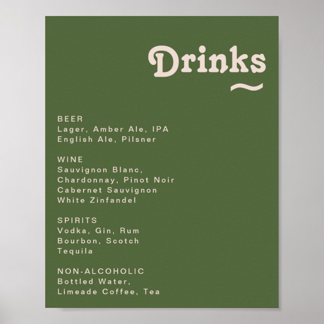 Poster Símbolo Simples de Menu Bebidas de Casamento Verde (Frente)