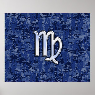Poster Símbolo Virgo Zodíaco na Camo Digital Azul do Ma