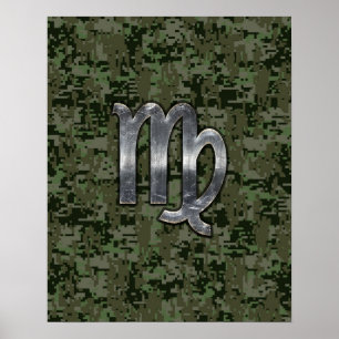 Póster Símbolo Virgo Zodíaco na Camo Digital Verde