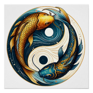 Póster Símbolo Yin Yang Japonês Koi Fish