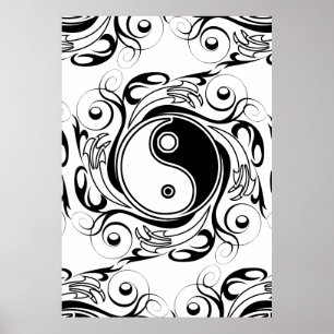 Poster Símbolo Yin & Yang Preto e Branco Estilo Tatuagem