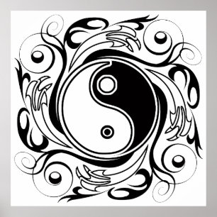 Poster Símbolo Yin & Yang Preto e Branco Estilo Tatuagem