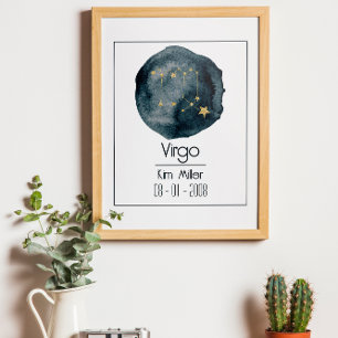 Poster Símbolo Zodiac do Virgo: Nome Personalizado e Aniv