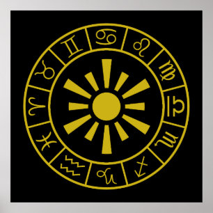 Poster Símbolos Astrológicos Zodipicos Roda+Sol Dourado