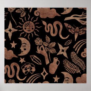 Poster Símbolos místicos: cobra, sol, lua.