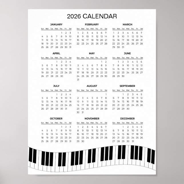 Poster Simple 2026 Calendar with Piano Keys |  (Frente)