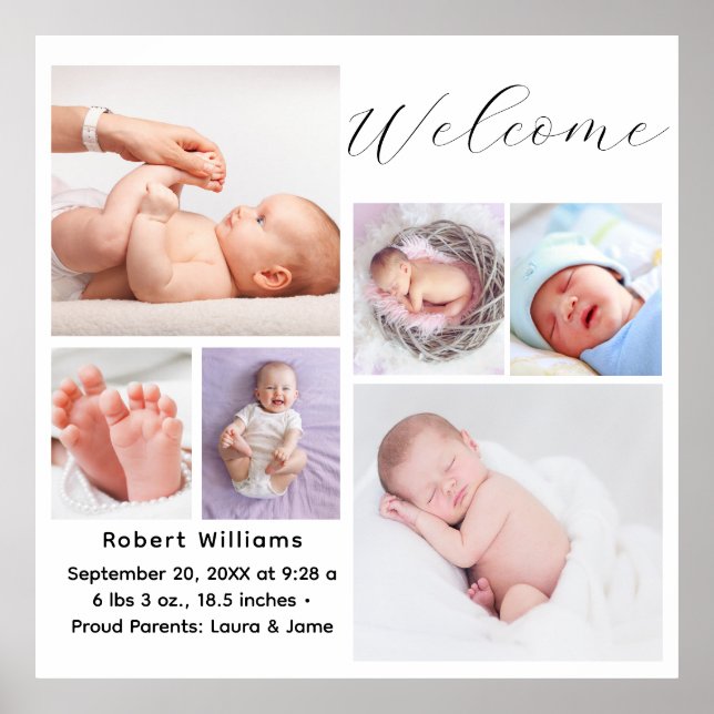 Poster Simple Elegant Baby Girl Photo Birth Date Stats (Frente)