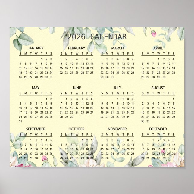 Poster Simple Elegant Floral Botanical 2026 Calendar |  (Frente)