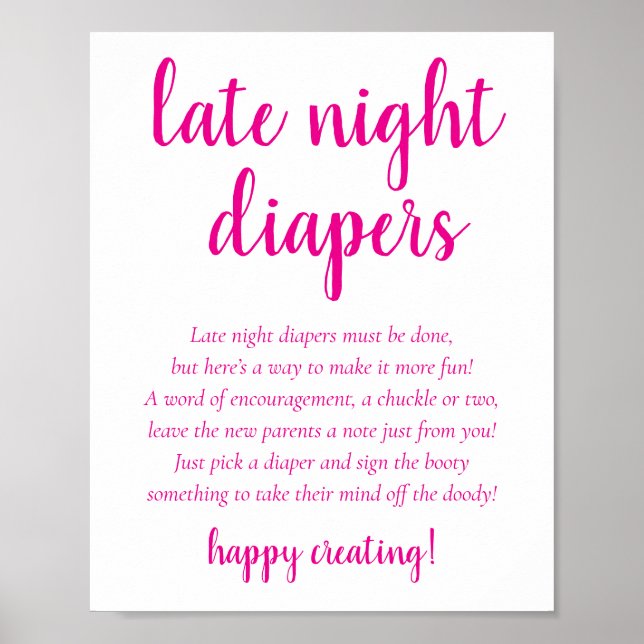 Poster Simple Hot Pink Late Night Diapers | Baby Shower (Frente)