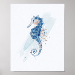 Poster Simple Seahorse Blue & Gold Watercolor Aquatic