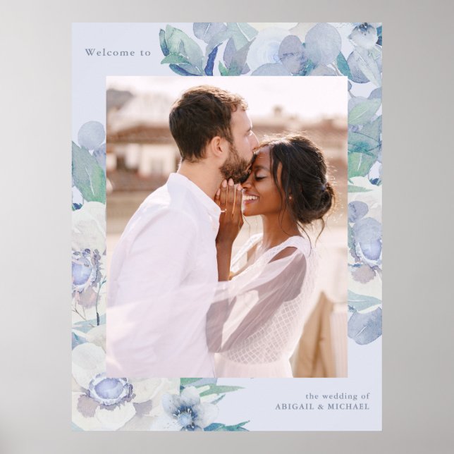 Poster Simples Blue Floral One Photo Weding (Frente)