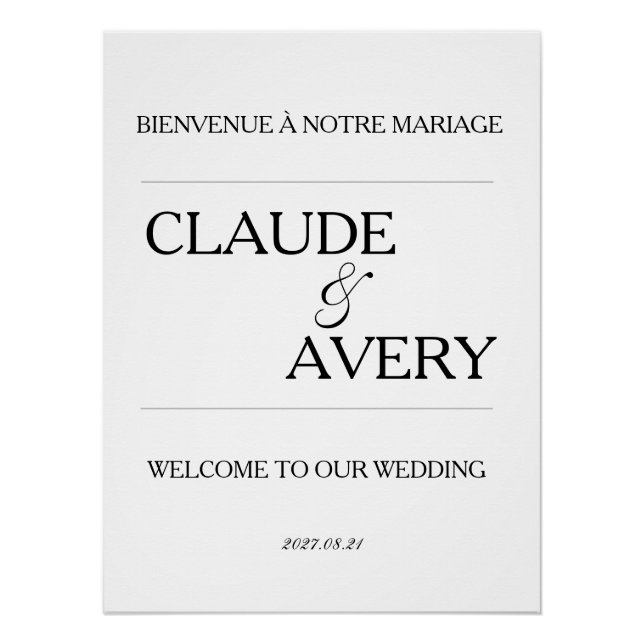 Póster Simples Boas-Vindas de Casamento Bilíngue Francês- (Frente)