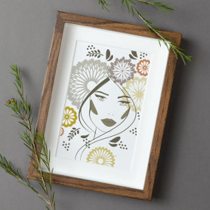 Póster Simples Boho Earth Tones Mulher Retrato Floral