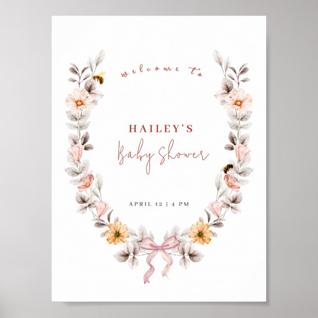 Poster Simples Boho Wildflower Wreath Chá de fraldas de b (Frente)