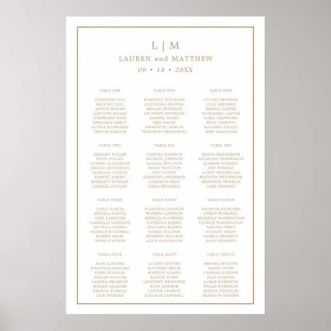 Poster Simples Casamento Dourado Monograma Elegante (Frente)