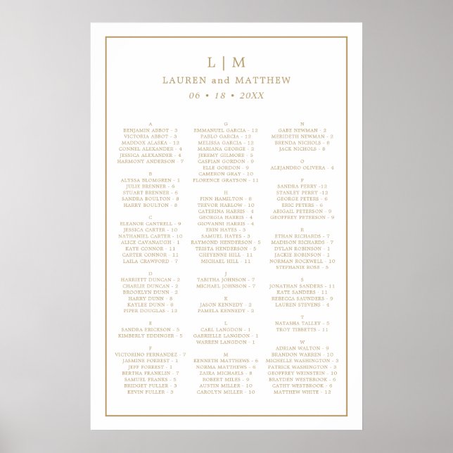 Poster Simples Casamento Dourado Monograma Elegante (Frente)