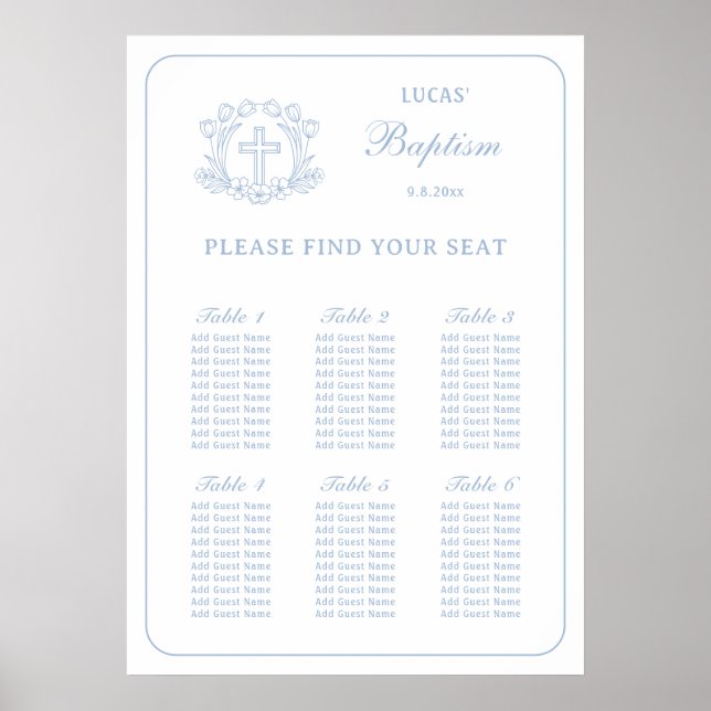 Poster Simples Floral Blue Cross Baptism Seating Chart (Frente)