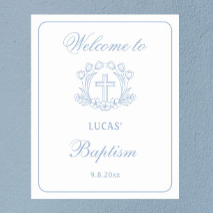 Poster Simples Floral Light Blue Cross Baptism Bem-vindo