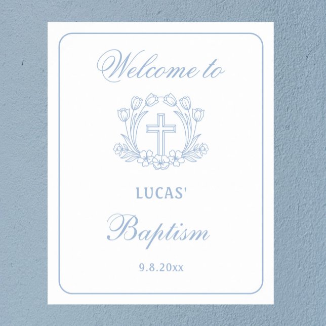 Poster Simples Floral Light Blue Cross Baptism Bem-vindo (Criador carregado)