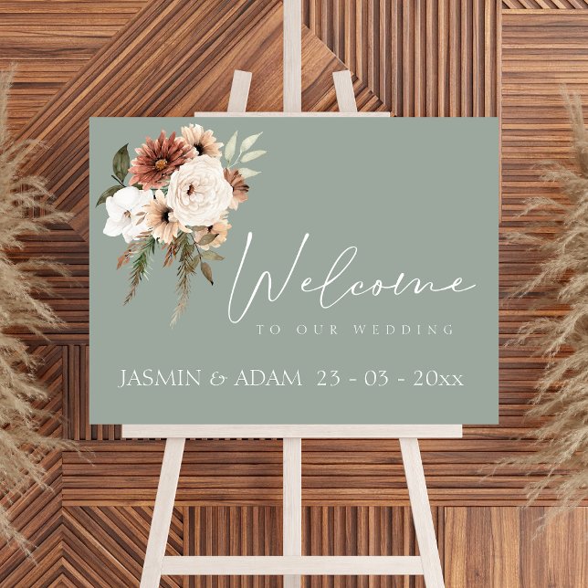 Poster Simples Pêssego Verde Sinal de Boas-vindas (Rustic Green Peach Floral Wedding Welcome Sign)