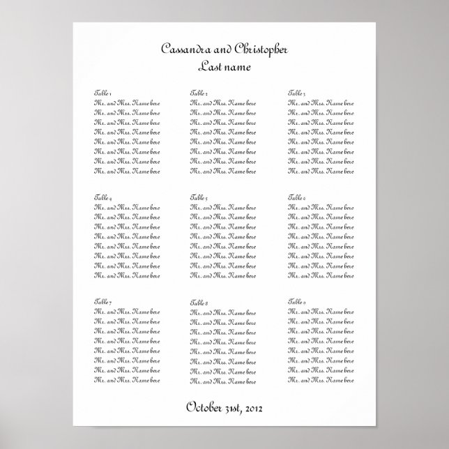 Poster Simples script mesa de casamento elegante (Frente)