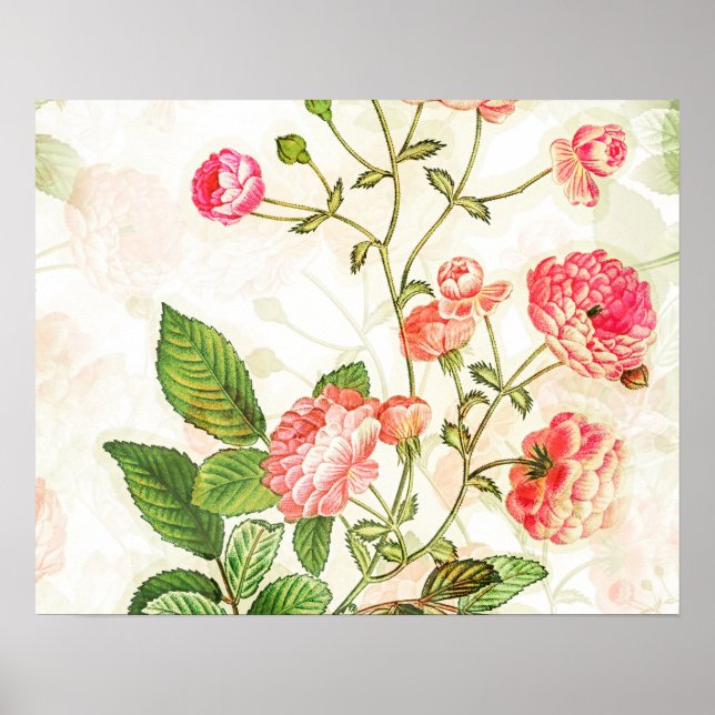 Poster Simples Vintage, Vitoriano, Design Floral Rosa Ros (Frente)