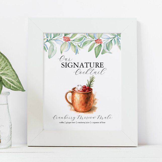 Poster Sinais de Bar de Coquetel Natalino (Signature cocktail bar sign watercolor cranberry moscow mule by Do Tell A Belle)