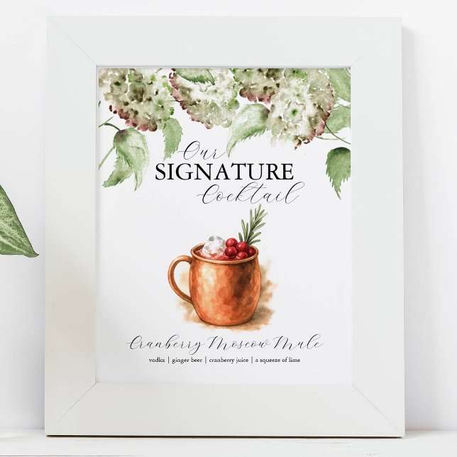 Poster Sinais de Bar de Coquetel Signature da Hydrangea D (Green hydrangea wedding decor features a signature cocktail sign. Hand painted art Do Tell A Belle)
