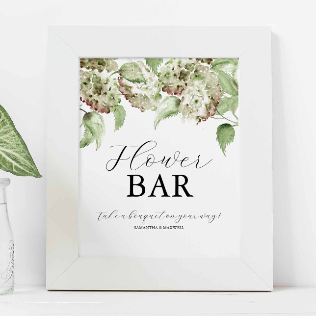 Poster Sinais de Barra de Flores de Casamento de Hortênsi (Flower bar sign watercolor hydrangea art by Victoria Grigaliunas of Do Tell A Belle)