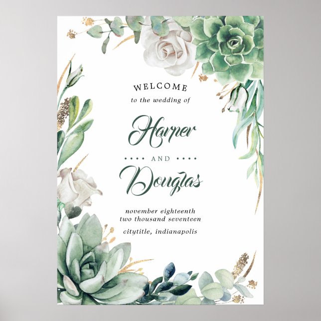 Poster Sinais de Boas-vindas do Casamento Elegante Dourad (Frente)