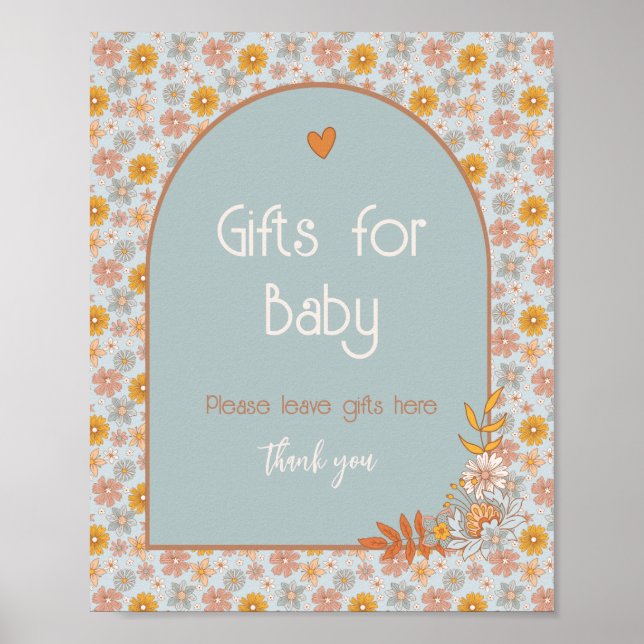 Poster Sinais de Chá de fraldas Floral Retro Boho (Frente)