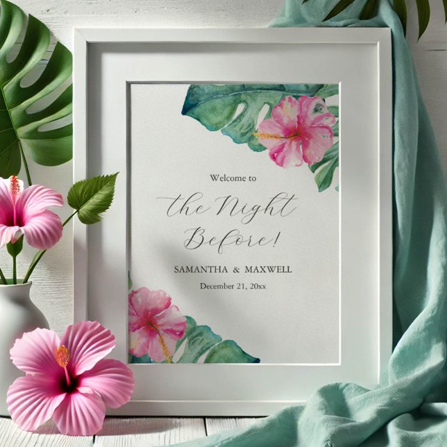 Poster Sinais de Janto de Ensaio de Casamento Flores de H (printable wedding signs tropical destination weddings watercolor flowers & palm leaves DoTellABelle)