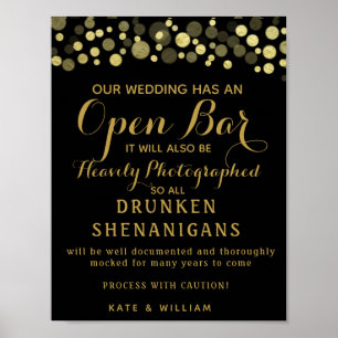 Póster Sinal aberto do casamento do ouro & do bar do