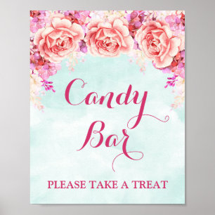 Poster Sinal Bar Candy Blue Pink Watercolor Flores