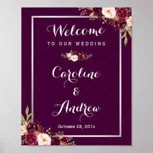 Poster Sinal bem-vindo floral roxo do casamento da ameixa