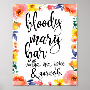 Poster Sinal Bloody Mary Bar Floral Watercolor 8x10