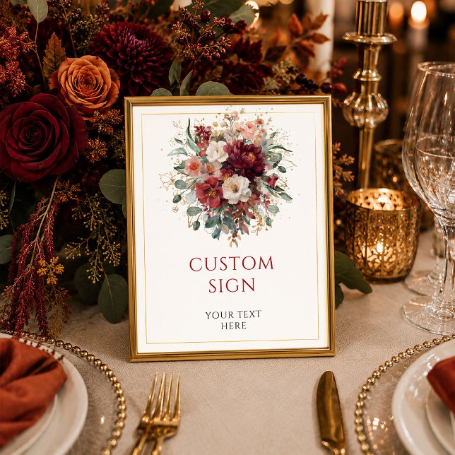 Poster Sinal customizado Chic Burgundy Gold Floral Fall 8 (Chic Burgundy Gold Floral Fall custom 8x10 sign

)