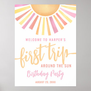 Poster Sinal de 1º Aniversário Pink First Trip Around The